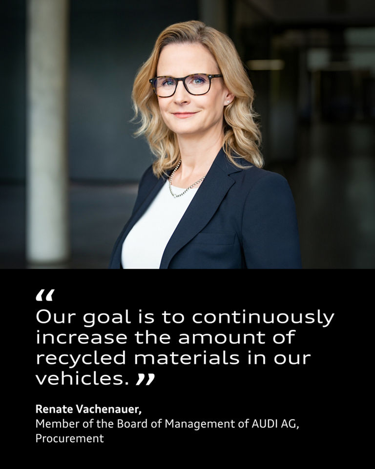 Portrait of Renate Vachenauer next to her quote: "Our goal is to continuously increase the amount of recycled materials in our vehicles."